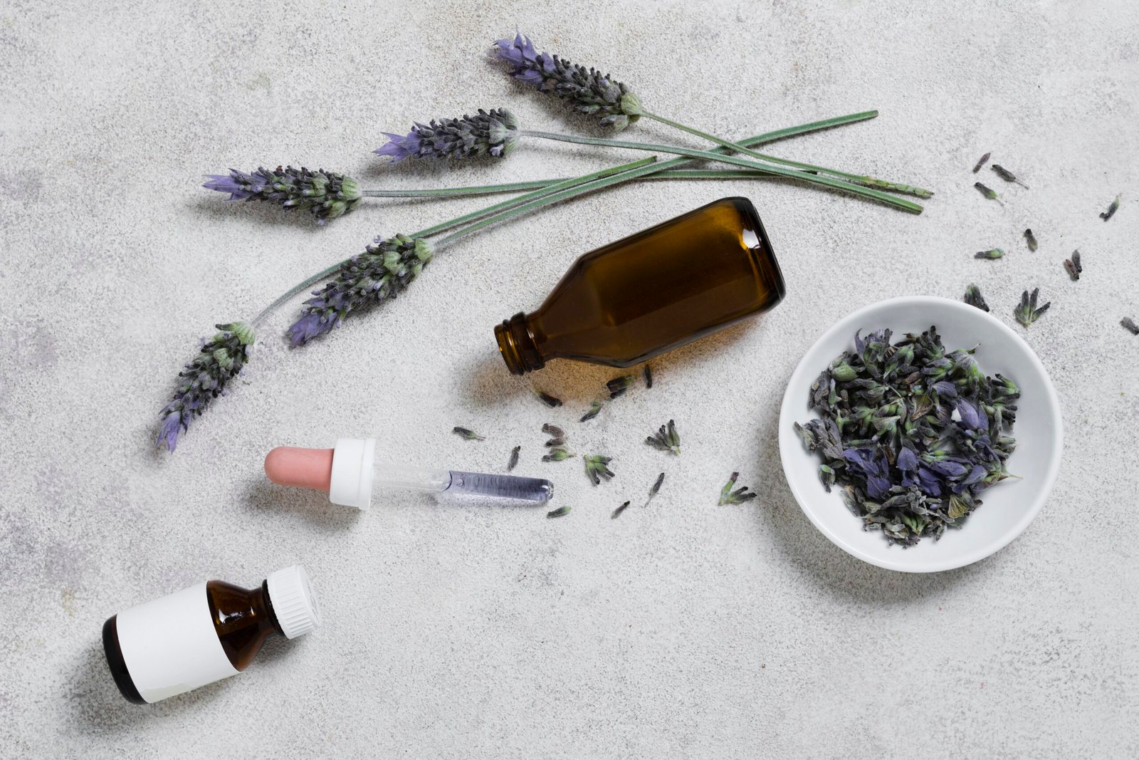 Home top view glass bottle lavender